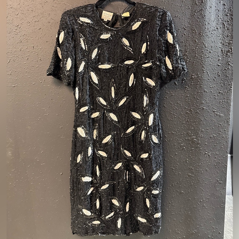 VINTAGE Stenay Silk Beaded Sequin Dress Black White